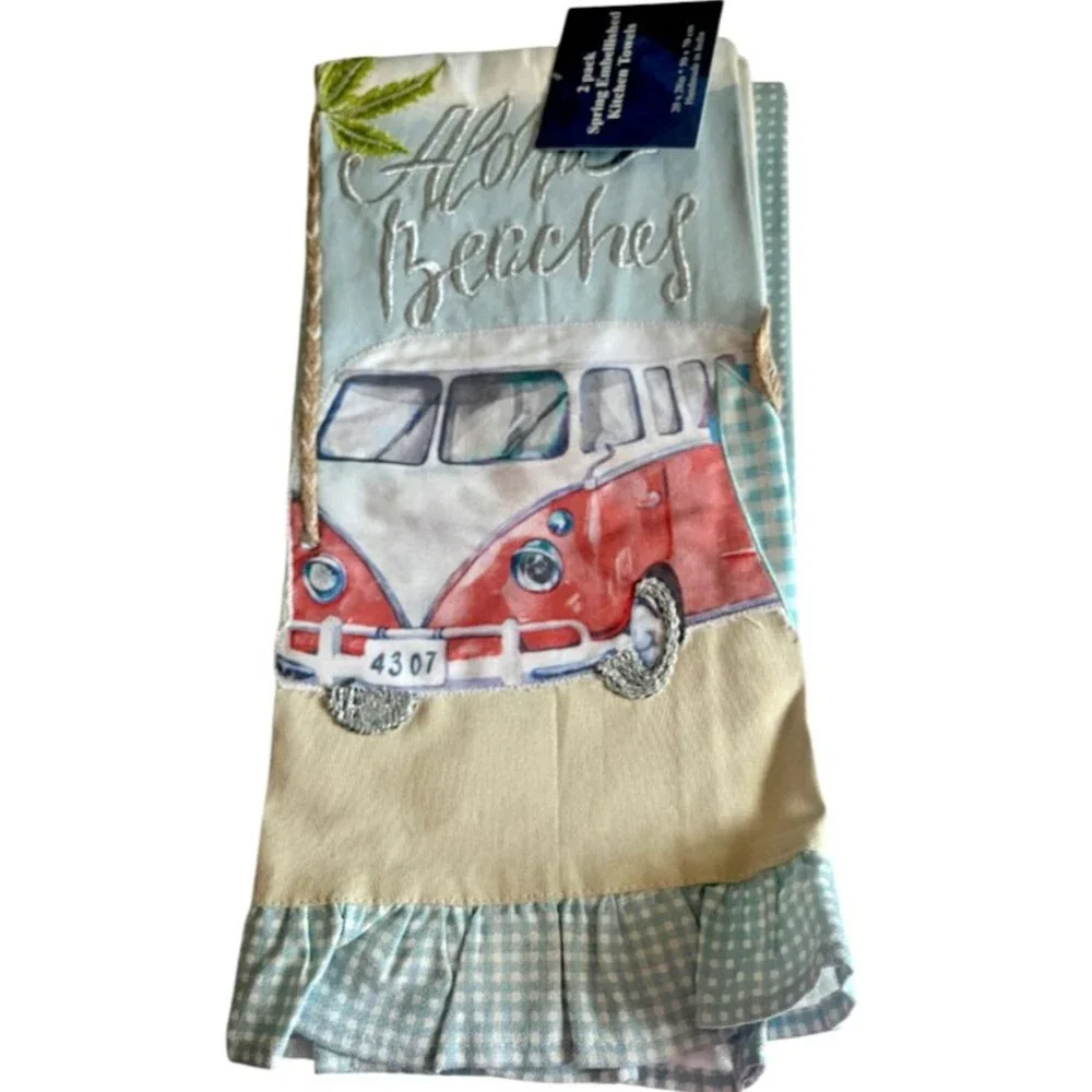 Red Hippie Red Bus Kitchen Dish Towels Set of 2 Embroidered Ruffle Blue Check